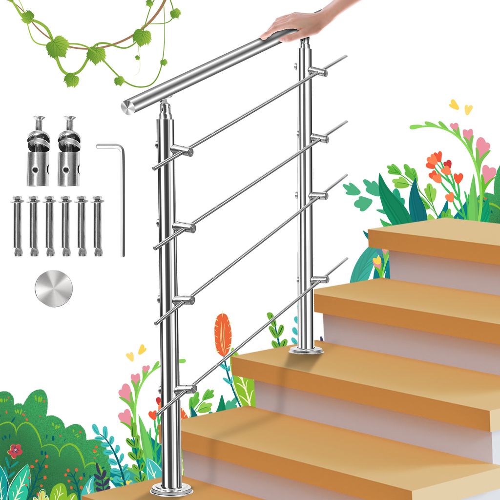 Treppengeländer Edelstahl 80-180cm Geländer Innen und Außen Handlauf Brüstung Balkon mit Kugelring Neigung - L. 150cm 4 Querstreben