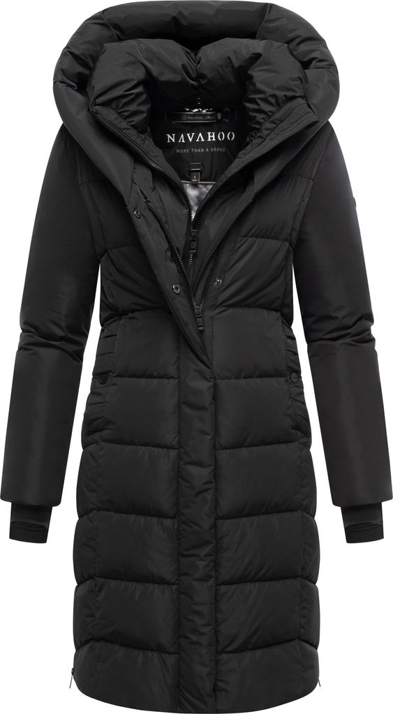 Navahoo Damen Wintermantel langer Steppmantel Jacke Parka mit Kapuze Laubzauber Schwarz Gr. 42 - XL
