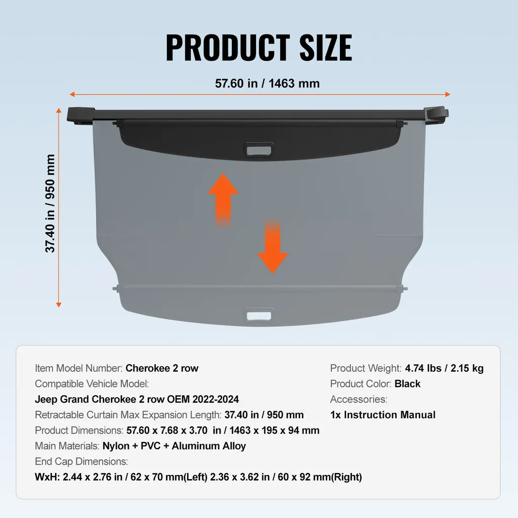 SucceBuy copertura retrattile del bagagliaio, copertura di sicurezza impermeabile del bagagliaio per Jeep Grand Cherokee 2 file 2022-2024, copertura posteriore resistente ai raggi UV in lega di alluminio e materiale PVC - 7