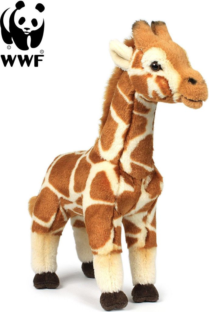 A plush toy giraffe is shown against a white background, with the WWF logo in the upper left corner.