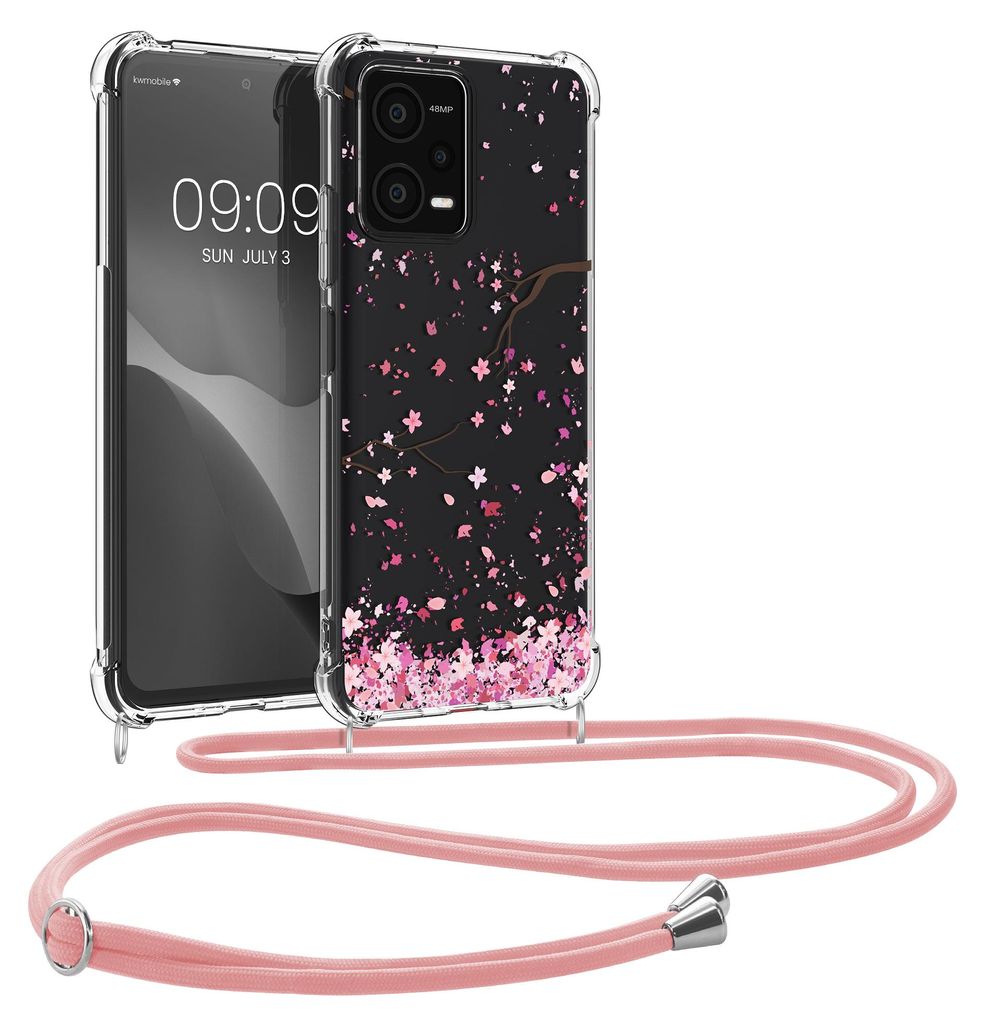 kwmobile Necklace Case kompatibel mit Xiaomi Redmi Note 12 5G / POCO X5 5G Hülle - Silikon Cover mit Handykette - Rosa Dunkelbraun Transparent