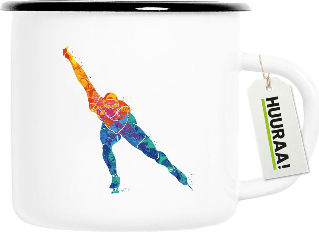 Huuraa Emaille Tasse Eisschnelllauf bunte Silhouette 300ml Vintage Campingbecher Geschenkidee