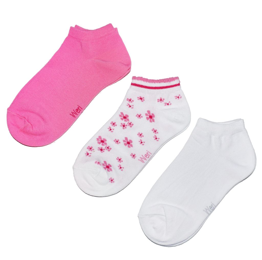 Sneaker Socken für Mädchen 3-er Pack aus Baumwolle Blümchen Rosa Größe 23-26