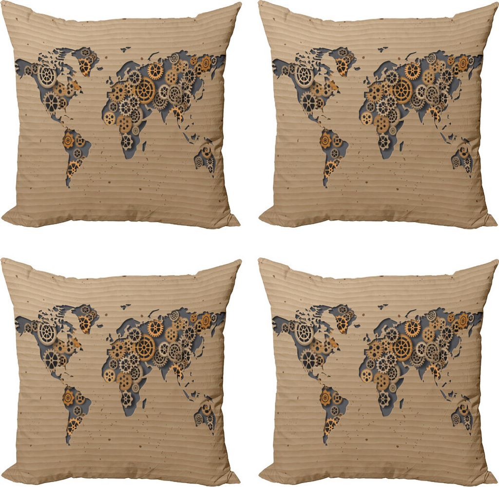 ABAKUHAUS Modern Kissenbezug Set (4 Stück), Old Hipster Weltkarte, Moderner Doppelseitiger Digitaldruck, 50 cm x 50 cm, Grau und Braun