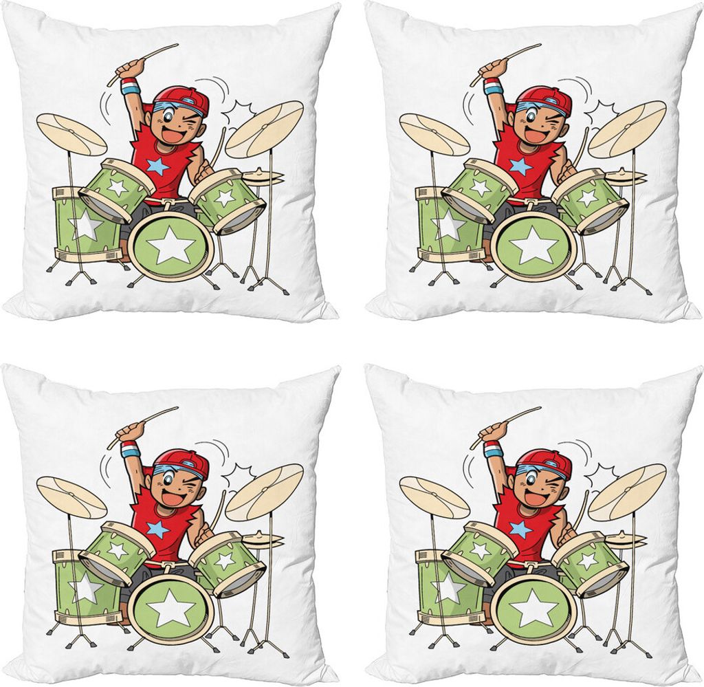 ABAKUHAUS Schlagzeug Kissenbezug Set (4 Stück), Cartoon-Stil Junge Schlagzeuger, Moderner Doppelseitiger Digitaldruck, 45 cm x 45 cm, Weiß und Mu...