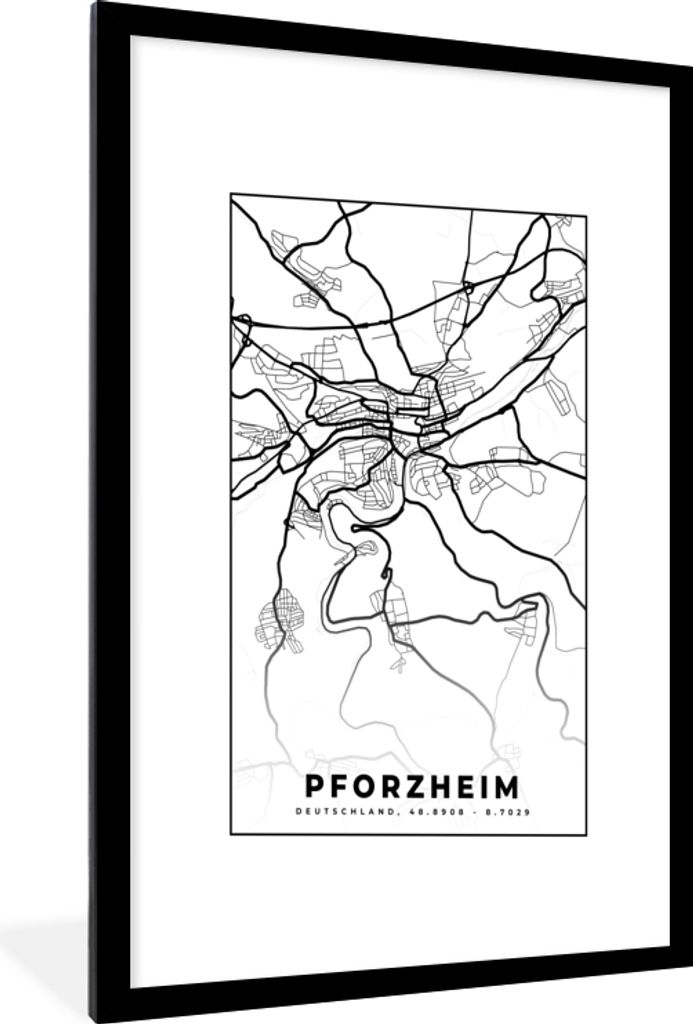 MuchoWow Gerahmtes Poster Karte - Pforzheim - Karte - Stadtplan 60x90 cm - Poster mit Schwarzem Bilderrahmen Wandposter Rahmen Foto Bilder - Deko...