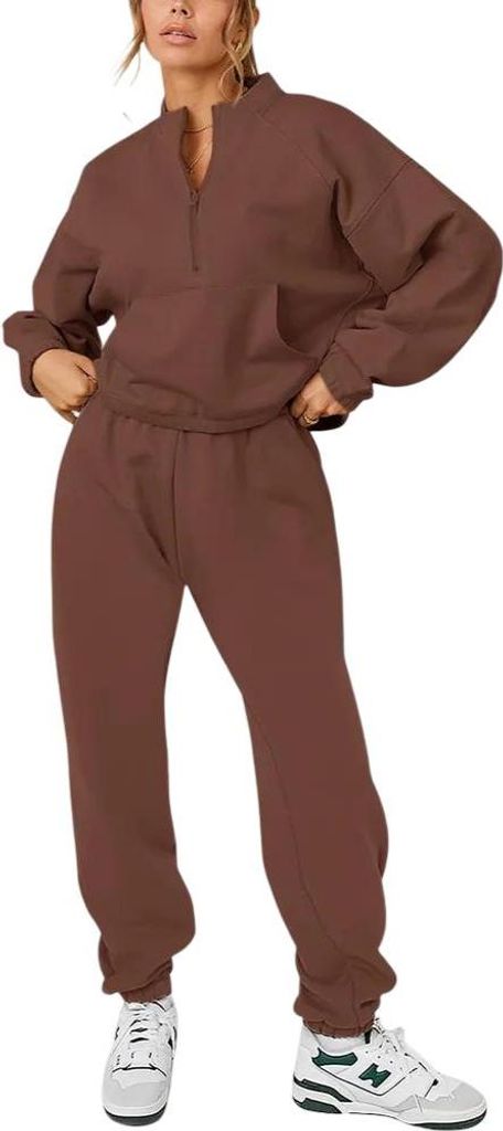 Trainingsanzug Damen Set Baumwolle Sweatshirt Hose Braun XL Sportanzug Warm