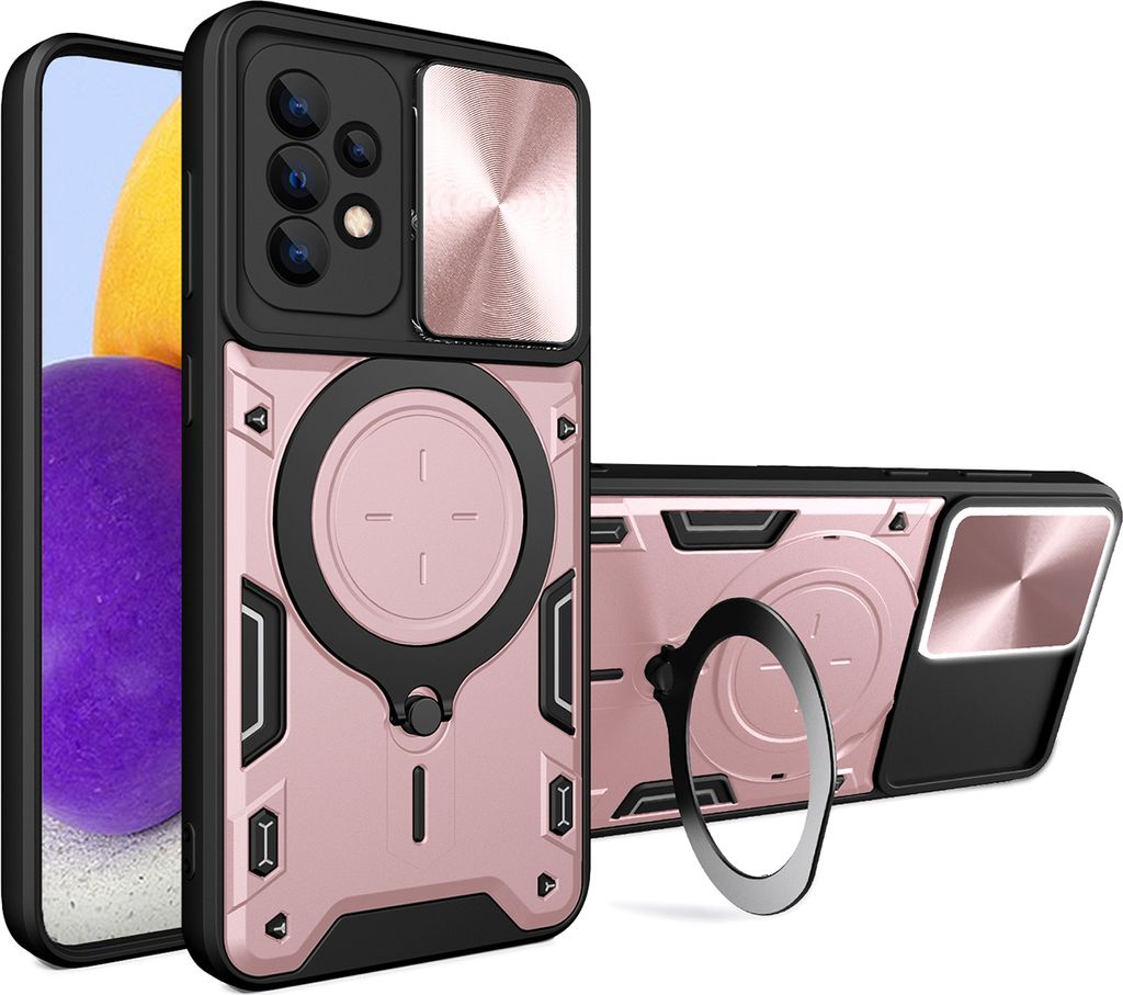 Handyhülle für Samsung Galaxy A72 Dual-Layer Stoßfest Rüstung Hülle mit Dia Kameraschutz und Kreisförmig Ring Ständer Roségold
