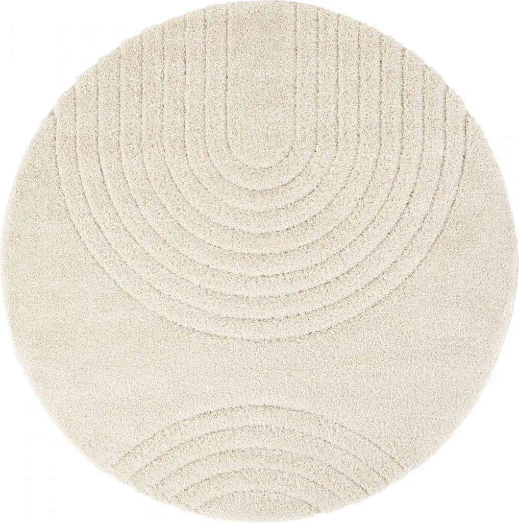 Tapis rond structuré FERGUS : design tissé en relief et motifs ronds