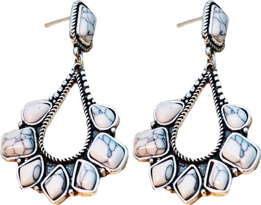 Damen-Ohrstecker in Tropfenform mit Intarsien aus Kunsttürkis, Statement-Schmuck, Geschenk-Weiß