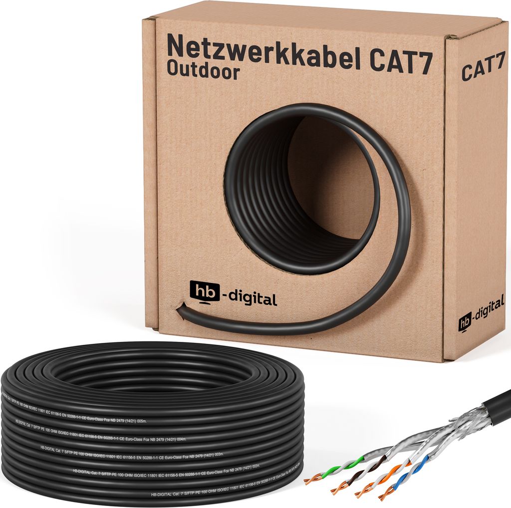 hb-digital CAT7 Verlegekabel Außen 50m Datenkabel S/FTP PE AWG23