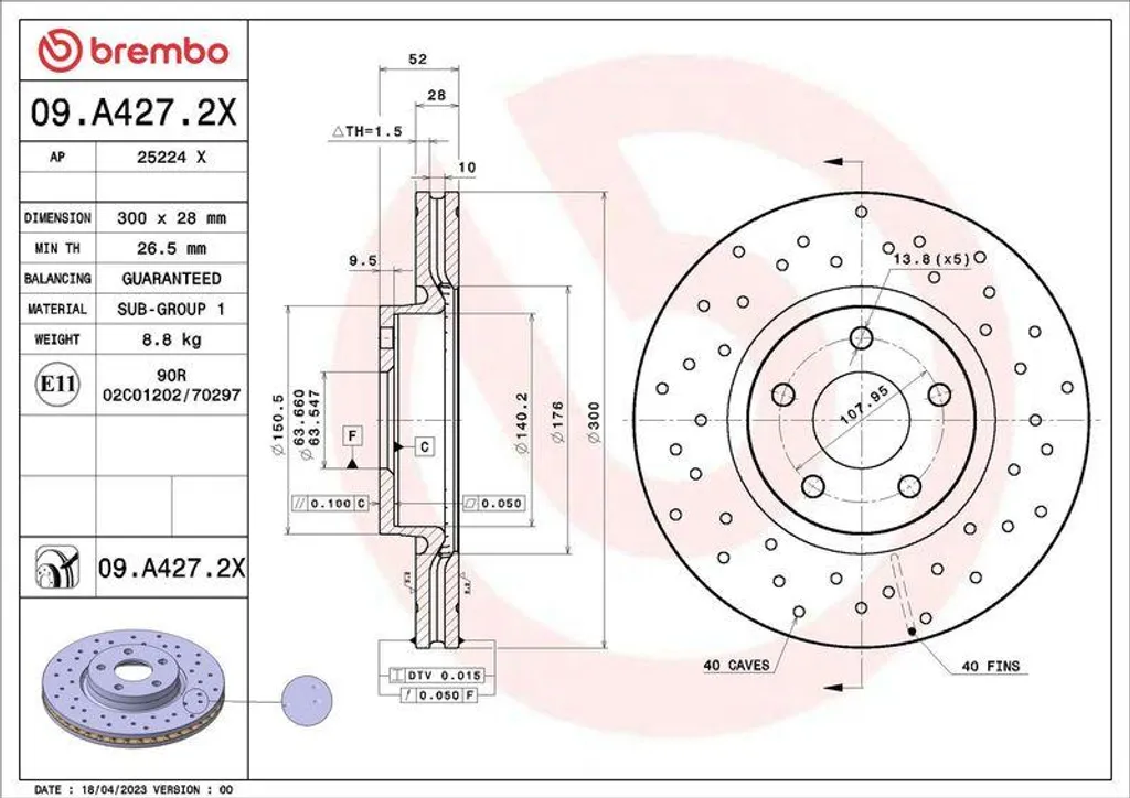 Disque de frein Brembo 09.A422.2X OE 1500159 pour Ford Mondeo IV