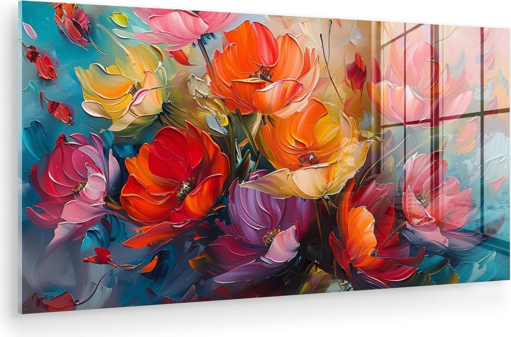 MuchoWow Glasbilder - Bilder auf Wandbild - Foto auf Glas Blumen - Bunt - Malerei - Abstrakt - Kunst 120x60 cm Wanddekoration aus Glas - Acrylglasb...