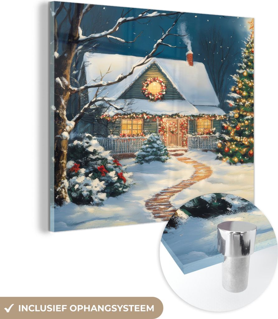 MuchoWow Glasbilder - Bilder auf Wandbild - Foto auf Glas Weihnachten - Weihnachtsbaum - Winter - Zuhause - Schnee 40x40 cm Wanddekoration aus Glas...