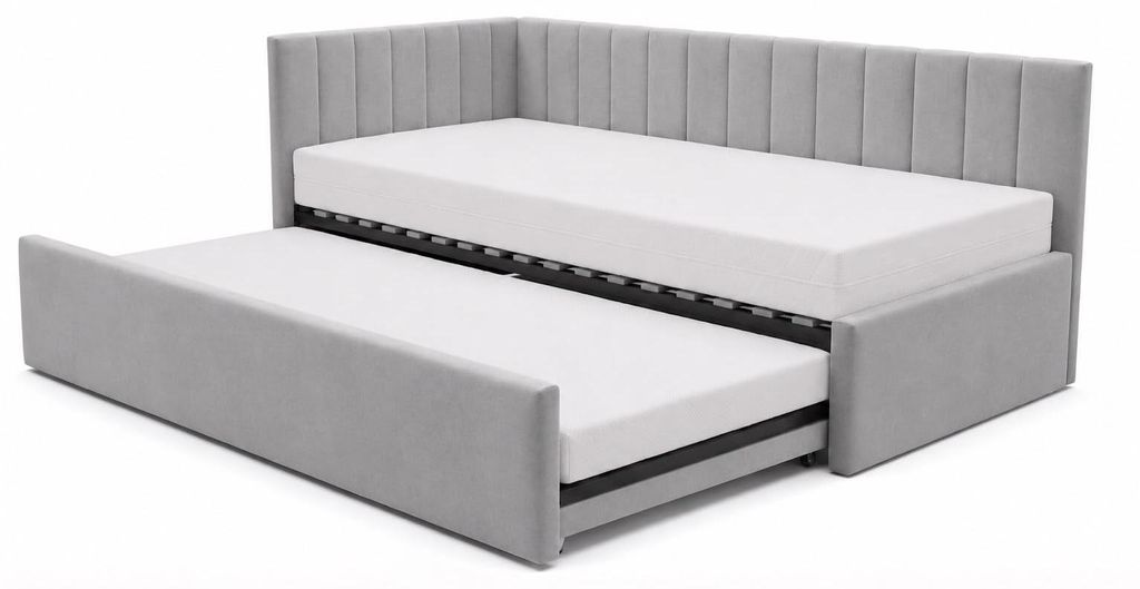 Kinderbett Alvin 01 100x200 - Jugendbett mit einer Schublade und zwei Liegeflächen - Einer Matratze T28-30 - Weich Riviera-Stoff - Grau, Links