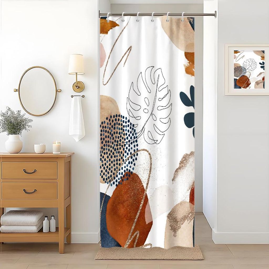 Duschvorhang 90 x 180 cm, schmal, Boho-Stil, abstraktes Terrakotta-Muster mit tropischen Palmenblättern, kleiner Duschvorhang, waschbarer, schimme...
