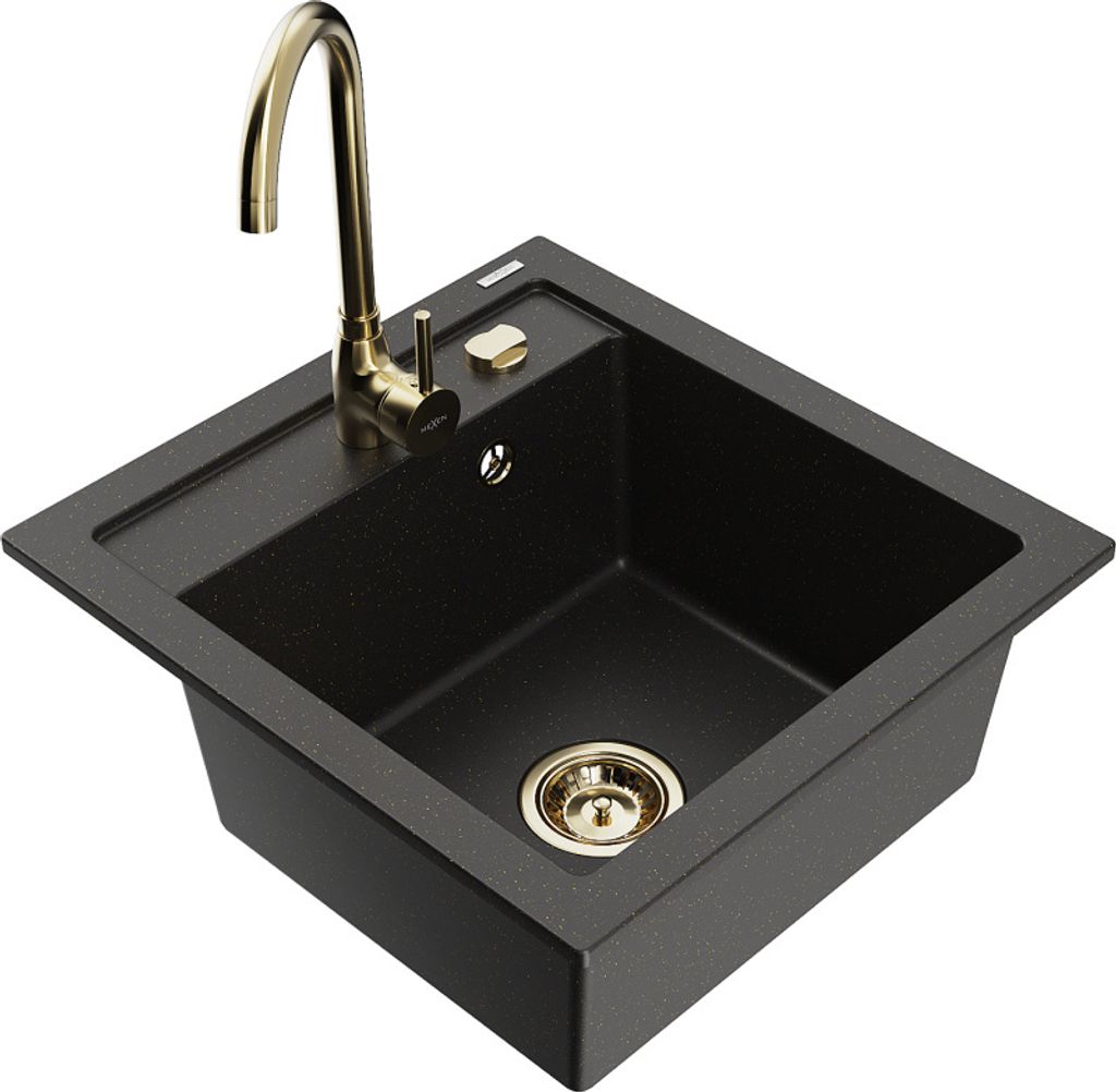 Mexen Vito 1-Becken-Granit-Spüle mit Mischbatterie Telma, Schwarz/Gold Metallisch - 6503-75-670200-50