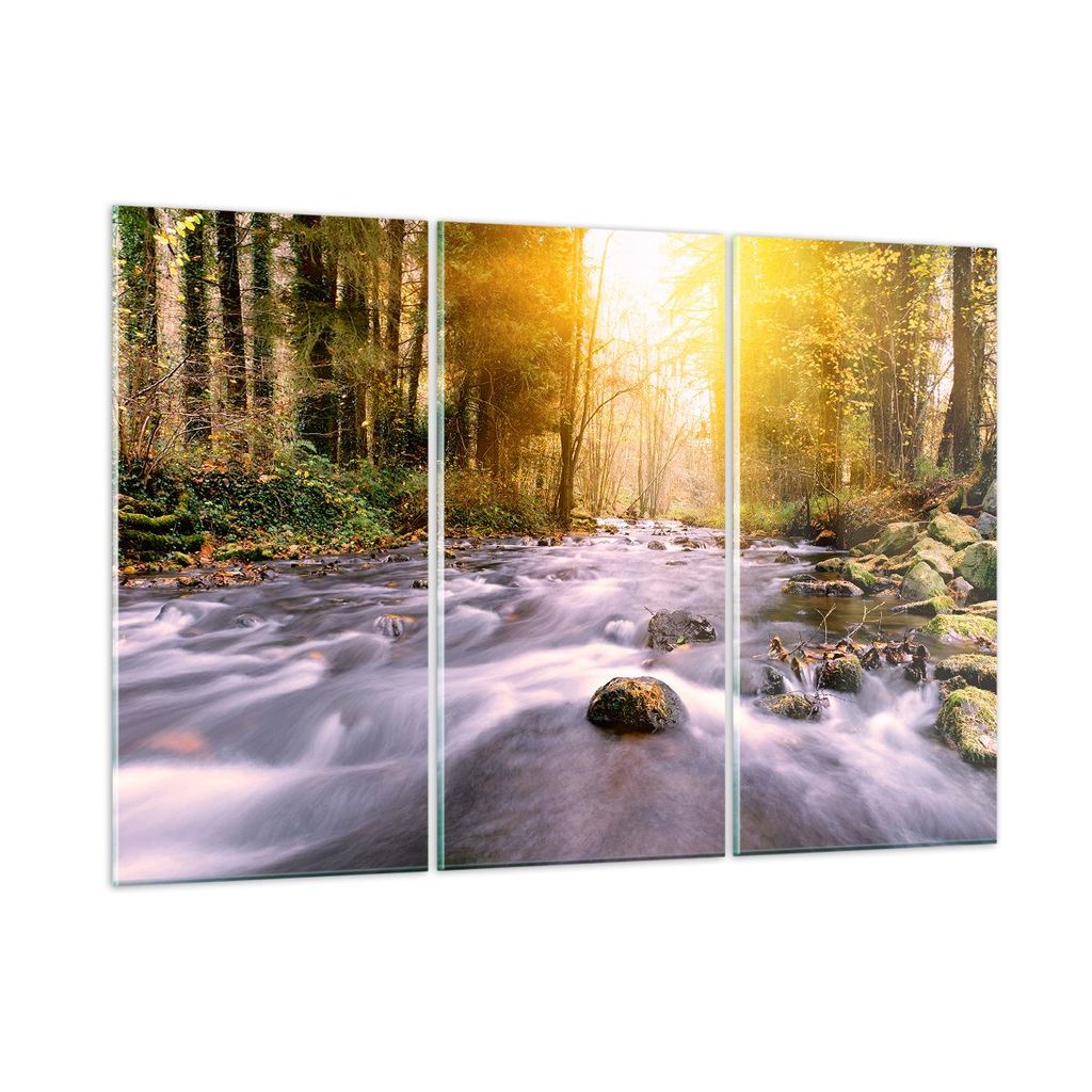 Bilder auf glas - Herbst Wald Berg Fluss - 105x70cm - Glasbilder - Wandbilder - Kunstdruck - zum Aufhängen bereit - Wanddekoration aus Glas - Glas...