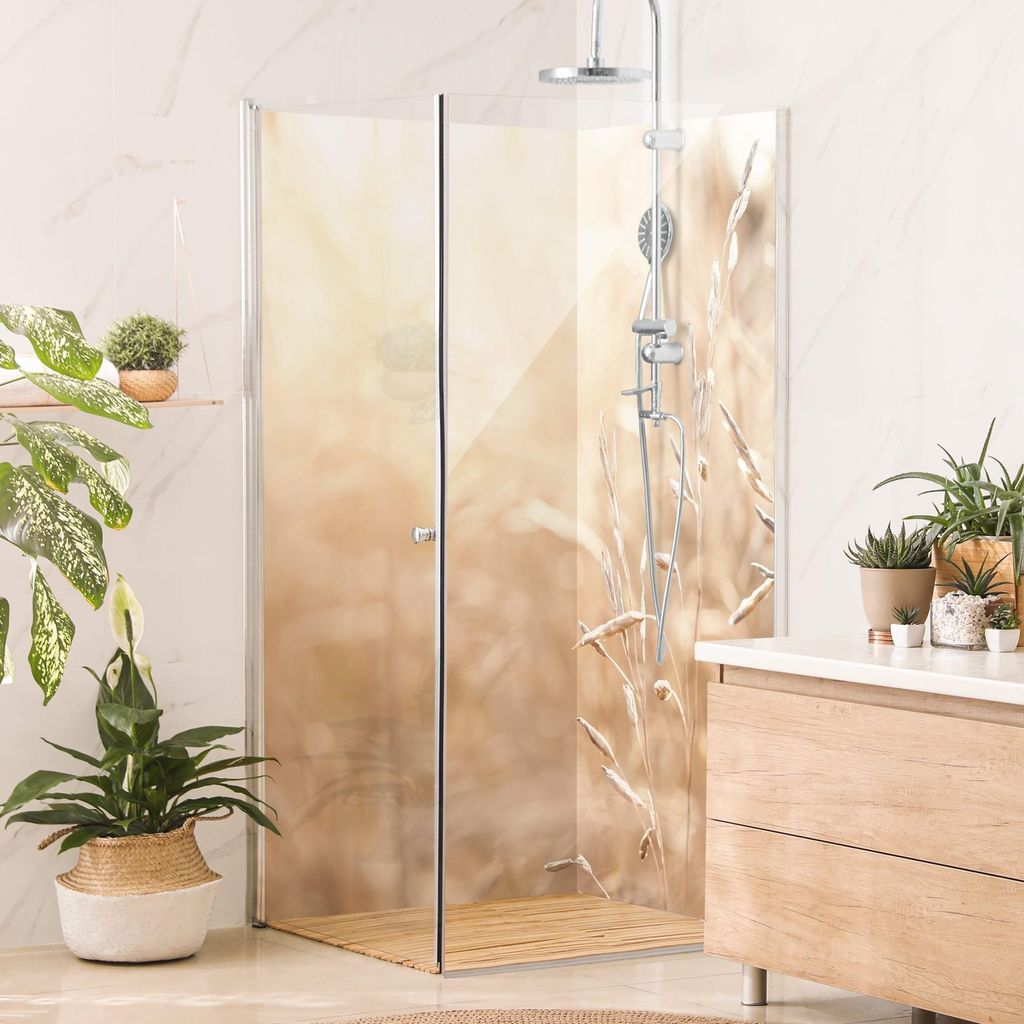 Duschrückwand mit Motiv selbstklebend - 0.35 mm Wandpaneel wasserfest Gräser beige Landhaus Badrückwand fugenlos Smart matt 90x200 cm