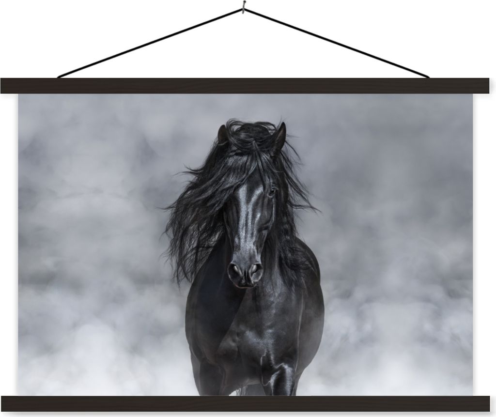 MuchoWow Textilposter Pferd - Schwarz - Smoke 60x40 cm mit schwarzem Rahmen - Hölzernes