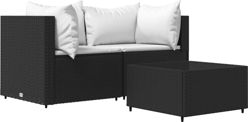 3-tlg. Garten-Lounge-Set mit Kissen Schwarz Poly Rattan