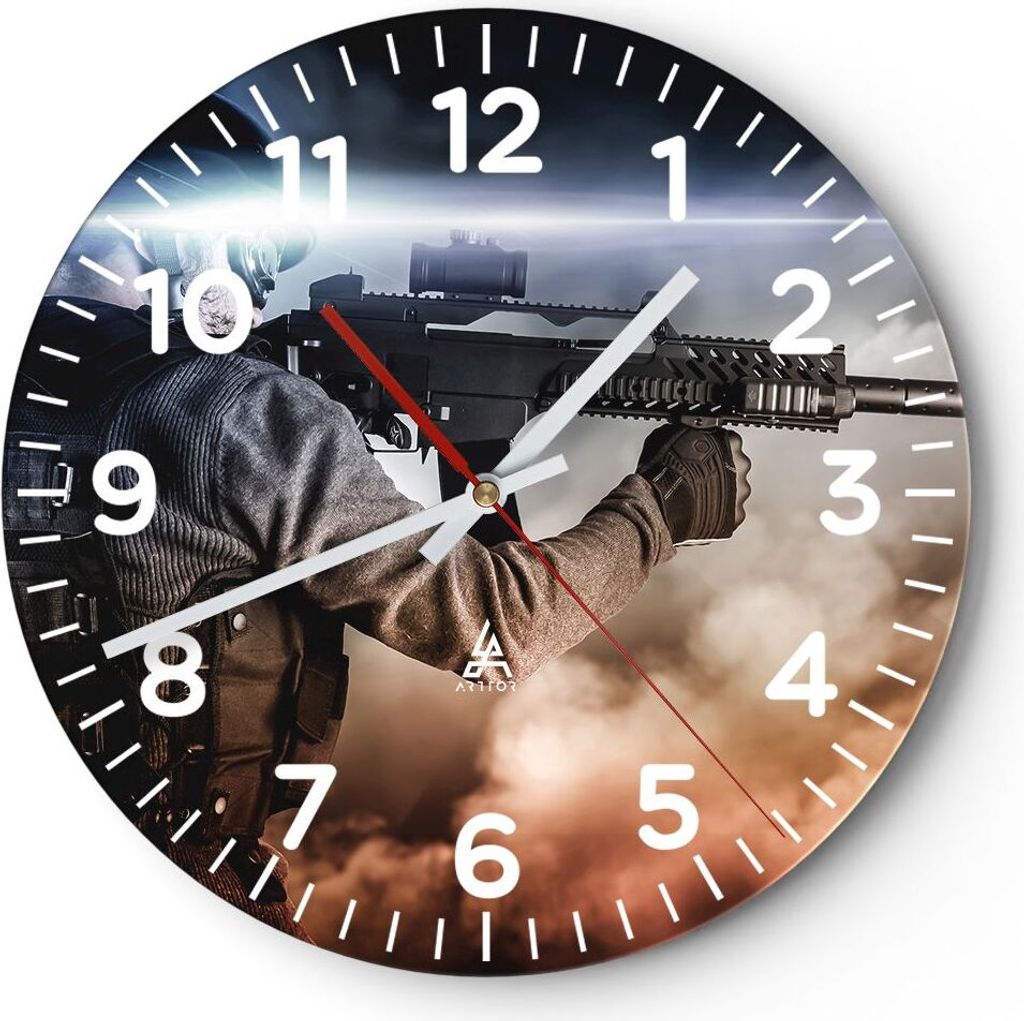 Wanduhr - Rund - Glasuhr - Armee Soldat Shooter kugelsichere Weste - 40x40cm - Schleichendes Uhrwerk - Lautlos - zum Aufhängen bereit - Dekoration...