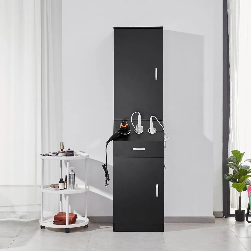 Meuble coiffeuse de rangement avec 3 supports sèche-cheveux et tiroir - 8