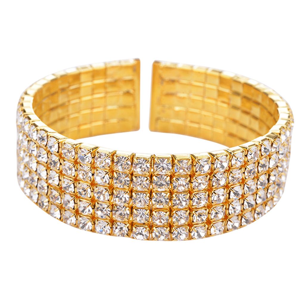 Damen-Armband, 5 Reihen, klare Strasssteine, breites Armband, Manschette, offener Armreif, Brautschmuck-Silber