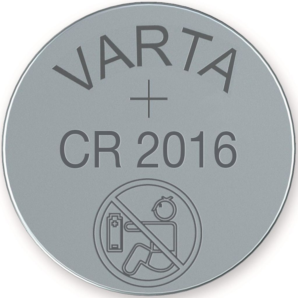 A close-up, top-down view of a VARTA CR2016 lithium coin cell battery.