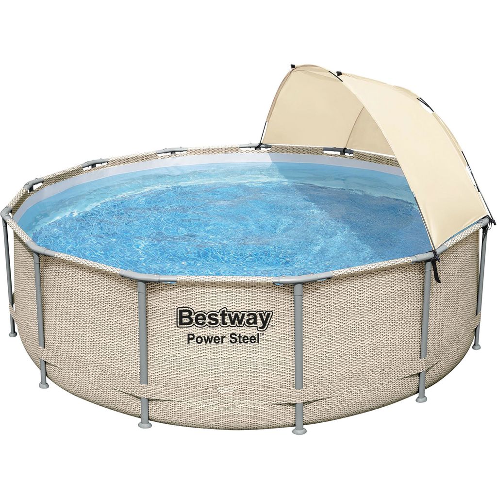 Bestway Power Steel Frame Pool Komplett-Set mit Filterpumpe Ø 396 x 107 cm , Rattan-Optik (Ecru), rund