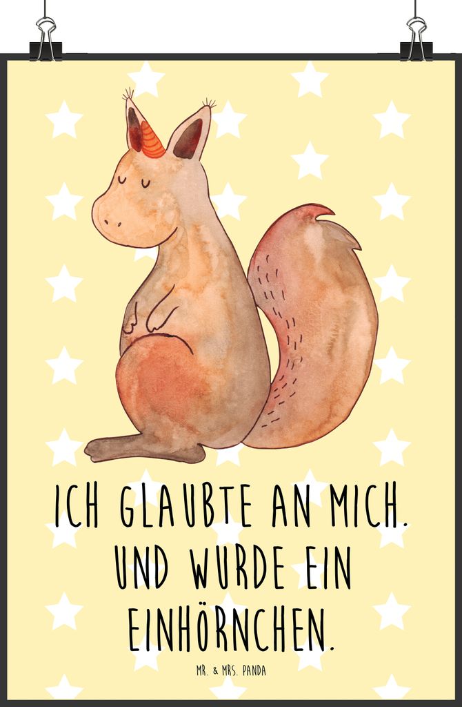 Mr. & Mrs. Panda Bild Einhorn Glauben DIN A2 - Gelb Pastell - Geschenk, Eichhörnchen, Wanddekoration, Wandbild, Unicorn, wanddeko, Eichhorn, Kunst...