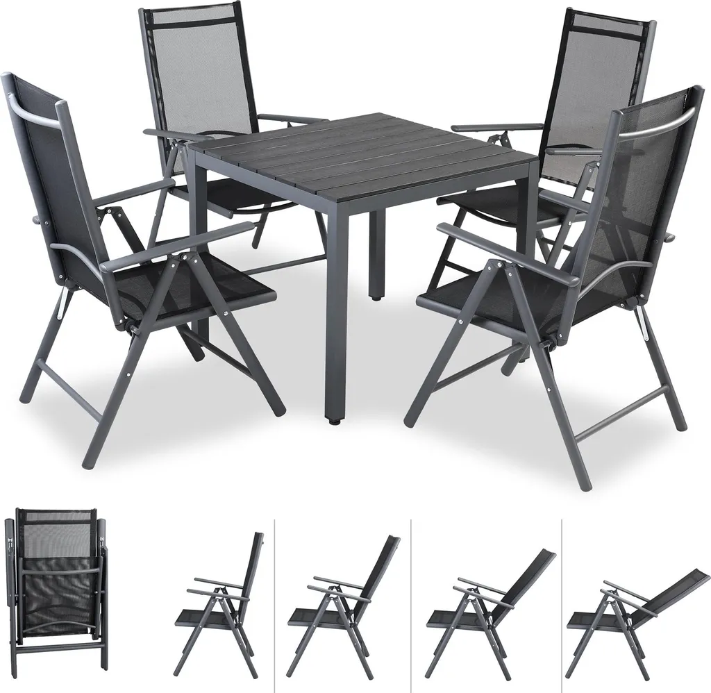 Salon de jardin aluminium anthracite table 80cm et dossiers 7 positions