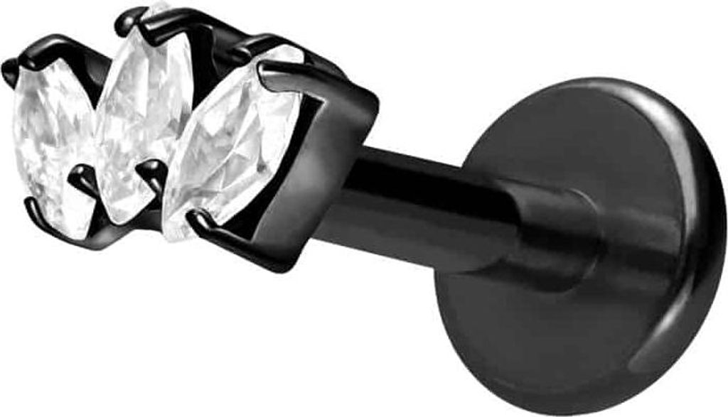 Ohrpiercing, Nasenpiercing Titan Labret mit Innengewinde 3 KRISTALLTROPFEN Schwarz Stablänge: 8mm | Stabstärke: 1,6mm