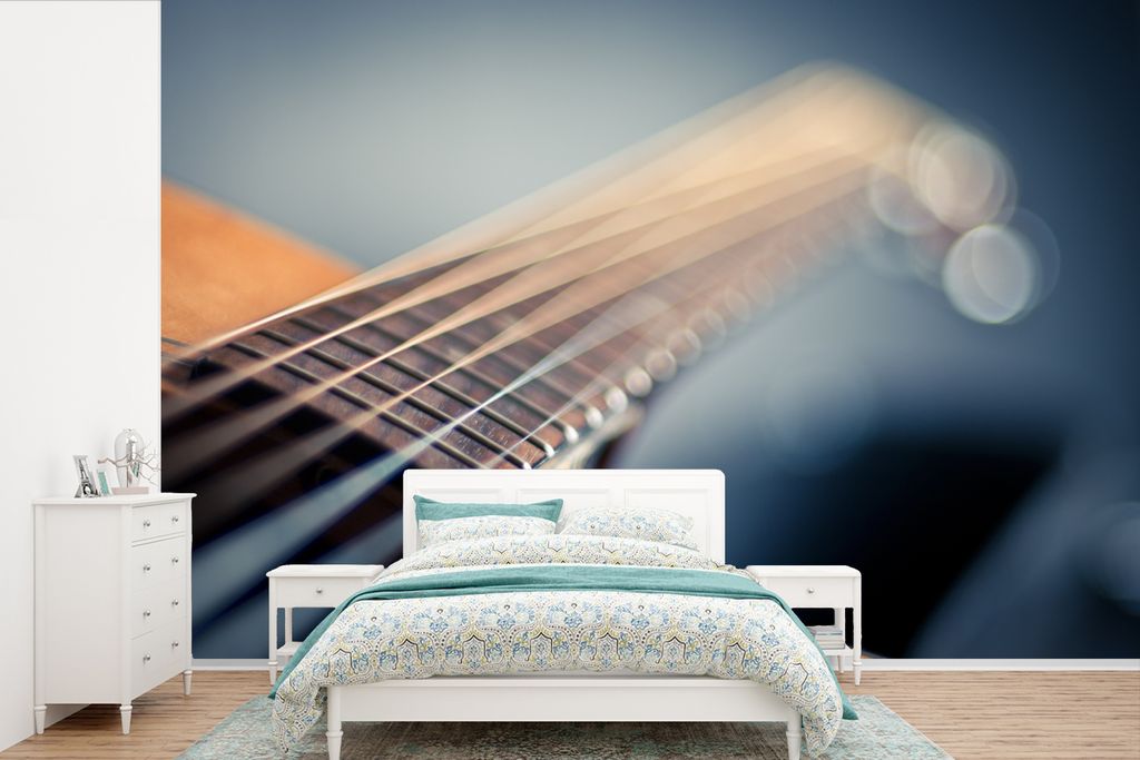 MuchoWow Fototapete für Wohnzimmer oder Schlafzimmer Wandtapete Vinyl Motivtapete Nahaufnahme der Saiten einer akustischen Gitarre - 330x220 cm ...