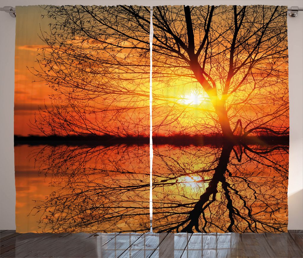 ABAKUHAUS Herbst Rustikaler Vorhang, Blick auf den Sonnenuntergang mit Bäumen, Wohnzimmer Universalband Gardinen mit Schlaufen und Haken, 280 x 24...