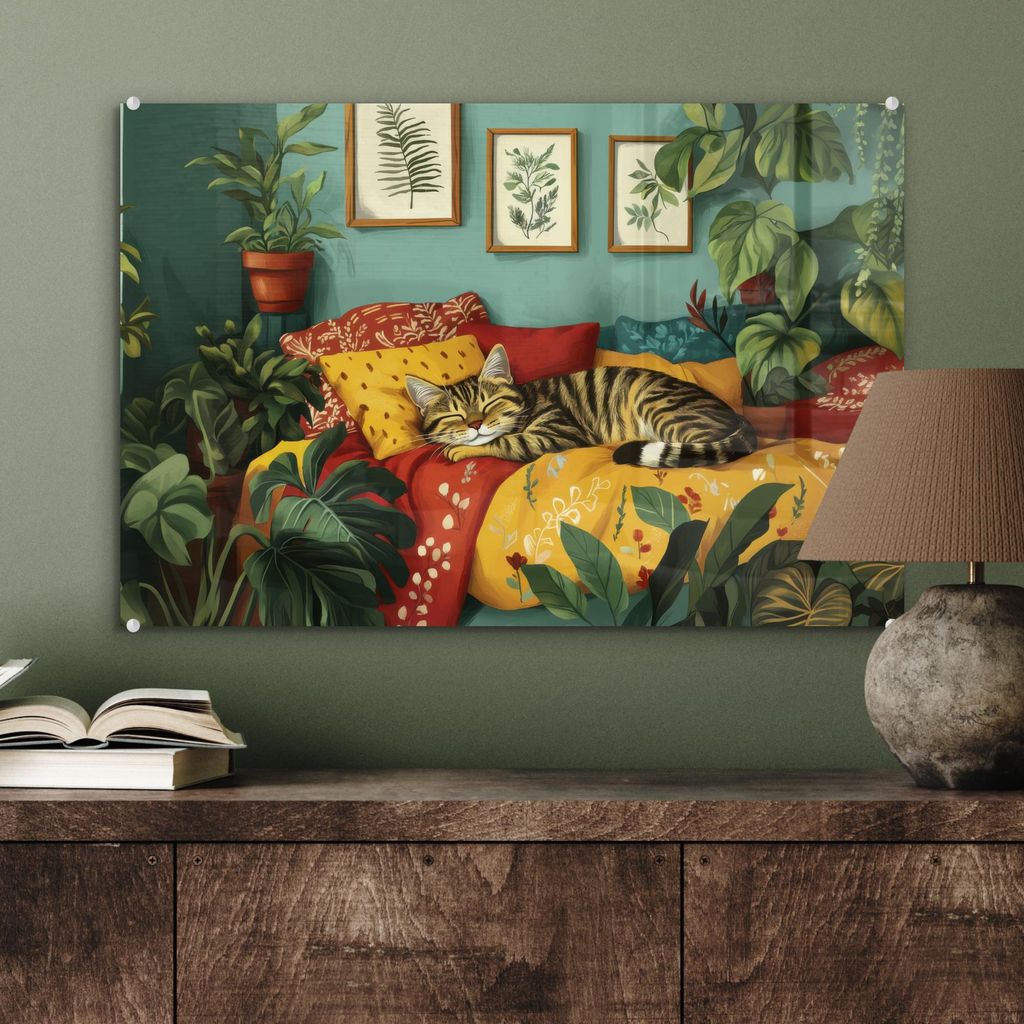 MuchoWow Glasbilder - Bilder auf Wandbild - Foto auf Glas Katze - Pflanzen - Grün 60x40 cm Wanddekoration aus Glas - Acrylglasbild - Acrylbilder -...