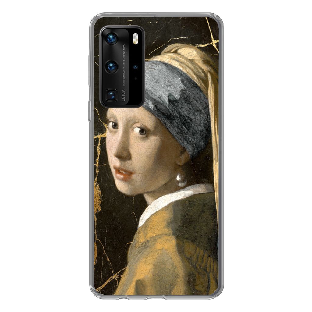 MuchoWow Handyhülle Schutzhülle Hülle für Huawei P40 Pro Mädchen mit einem Perlenohrring - Marmor - Gold Silikon Softcase Handy Hülle - Schutz