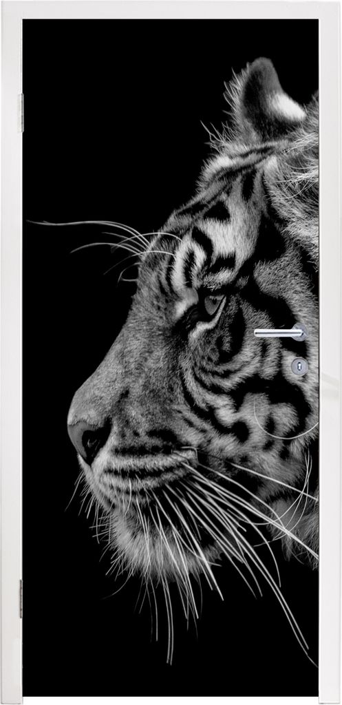 MuchoWow Türtapete Selbstklebende Türfolie Tiger auf schwarzem Hintergrund in schwarz und weiß 80x215 cm Türposter Türaufkleber Klebefolie T...
