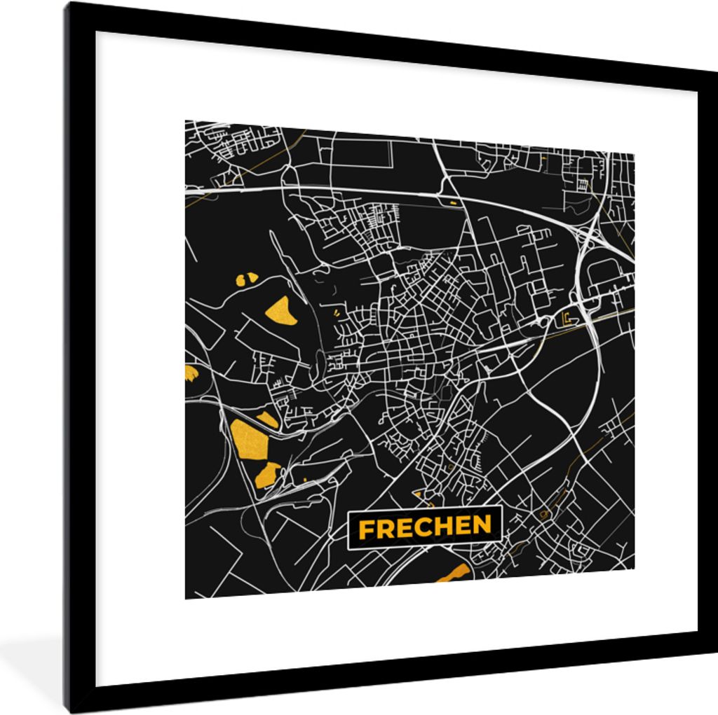 MuchoWow Gerahmtes Poster Gold - Deutschland - Karte - Stadtplan - Frechen 40x40 cm - Poster mit Schwarzem Bilderrahmen Wandposter Rahmen Foto Bi...