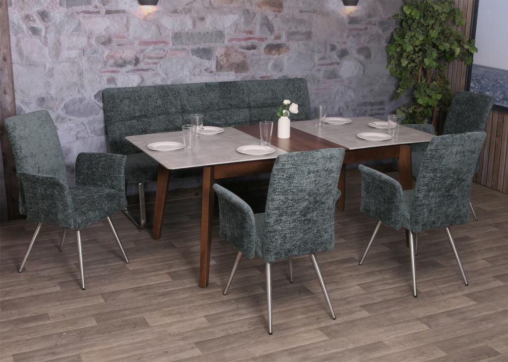 Esszimmer-Set HWC-G55, 4er-Set Stuhl mit Armlehne+Sitzbank 180cm, Edelstahl gebürstet Stoff/Textil Chenille blau-grün