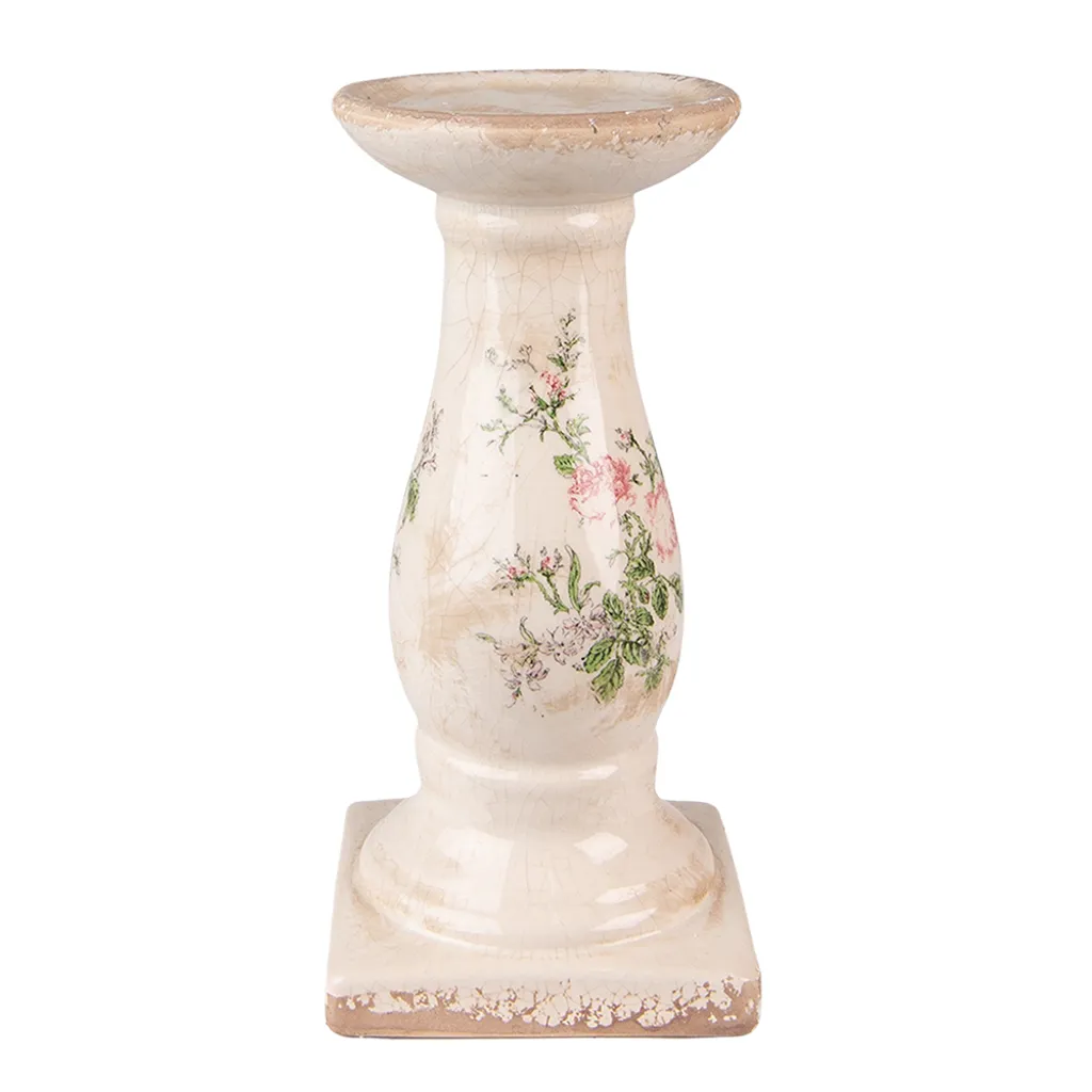 Bougeoir Clayre & Eef Ø 12x24 cm en céramique rose beige fleurs chic