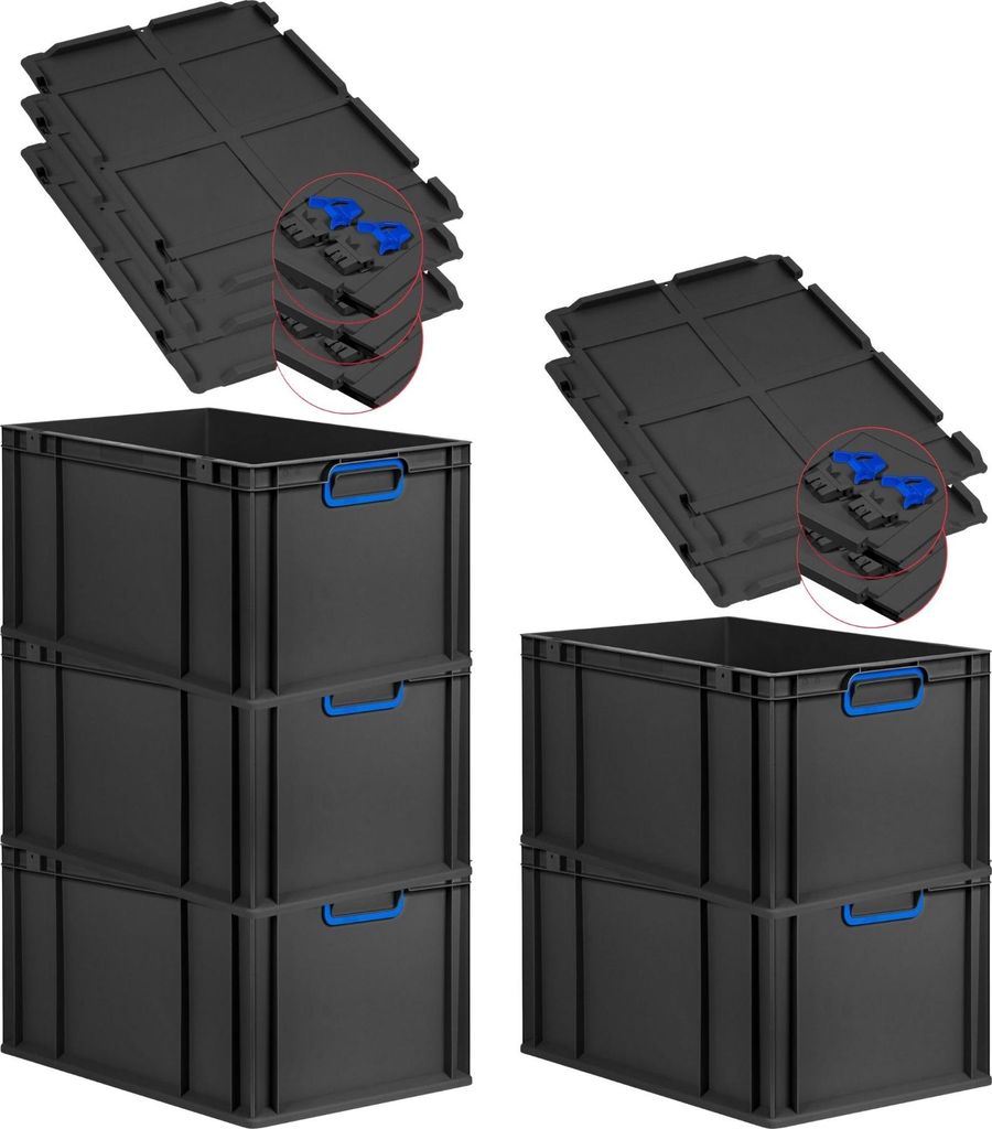 SuperSparSet 5x Eurobox NextGen Color mit Scharnierdeckel und Schiebeschnappverschlüssen | HxBxT 32x40x60cm | 65 Liter | Schwarz | Griffe blau ges...