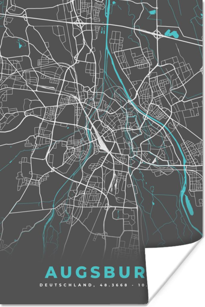 MuchoWow Poster Stadtplan - Karte - Augsburg - Blau - Deutschland - Karte 80x120 cm - Papierdruck