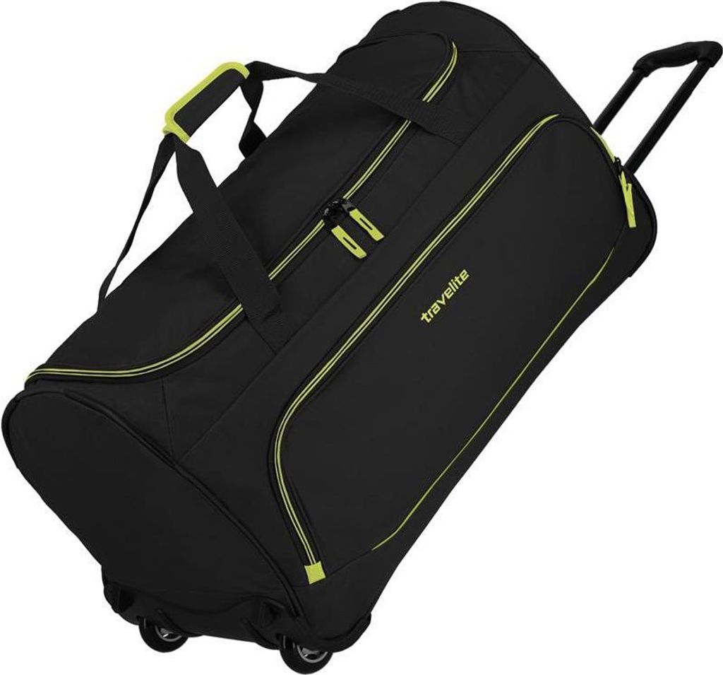 A black Travelite trolley bag with yellow accents is shown against a white background.