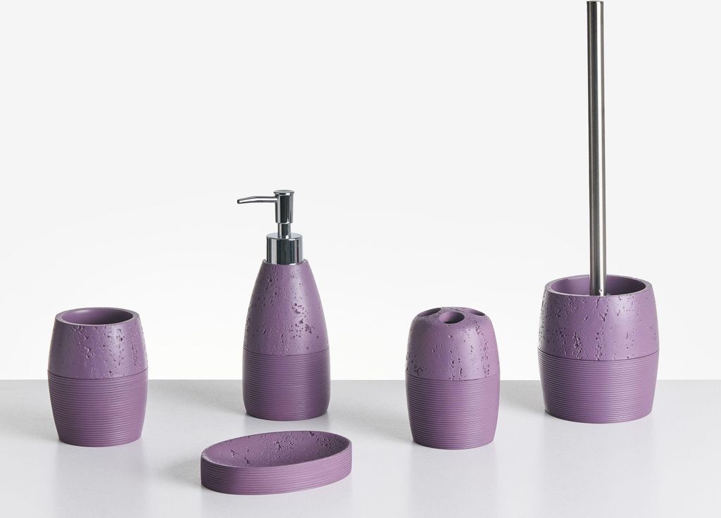 BELIANI Badezimmer Set 5-Teilig Purpur Kunstharz Betonoptik Rillenoptik Modern Seifenschale Seifenspender Zahnbürstenhalter Toilettenbürste Becher