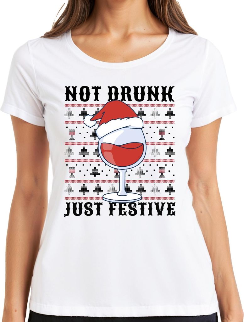 Not Drunk Just Festive Weinliebhaber - Ugly Christmas Sweater Weihnachten Weihnachtsgeschenk Damen T-Shirt, Weiß, XL