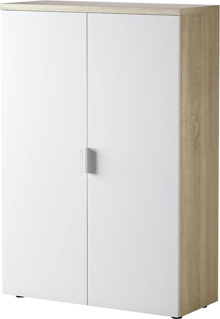 Mehrzweck-Kabinett Dlupp, Mehrzweckschrank mit 2 Türen, Schuhschrank mit 3 Einlegeböden, Modernes Schuhregal, 80x33h119 cm, Eiche und Weiß
