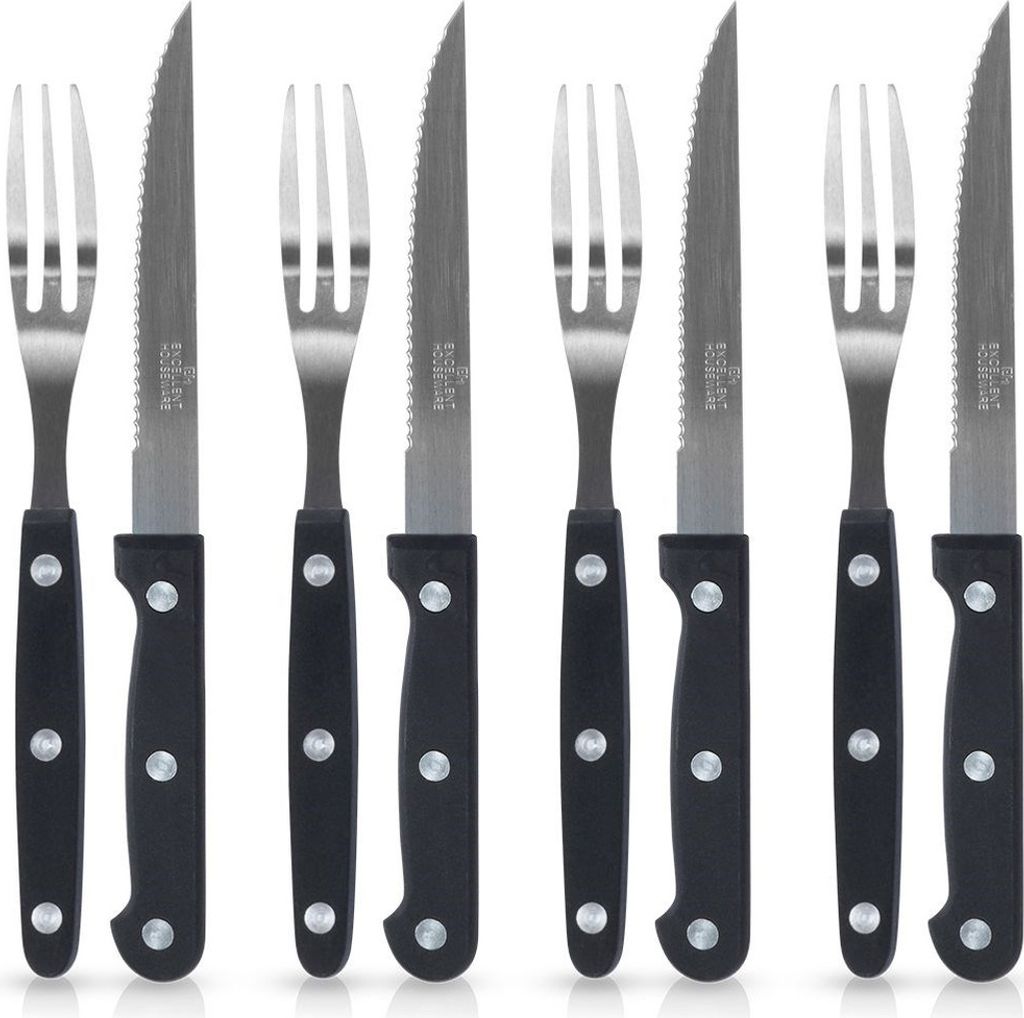 A set of steak knives and forks arranged in a row against a white background.
