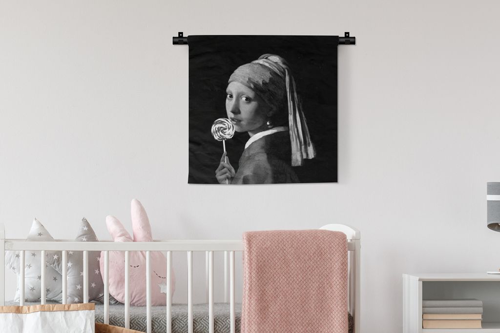 MuchoWow Wandteppich Wandbehang Das Mädchen mit dem Perlenohrring - Johannes Vermeer - Schwarz und weiß 60x60 cm Tapisserie Dekoration Wandtuch...
