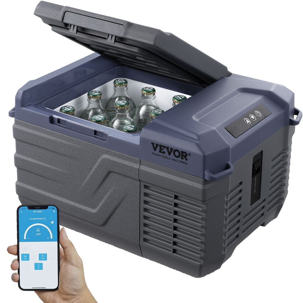 A portable car refrigerator with bottles inside, shown with a smartphone displaying its control app.